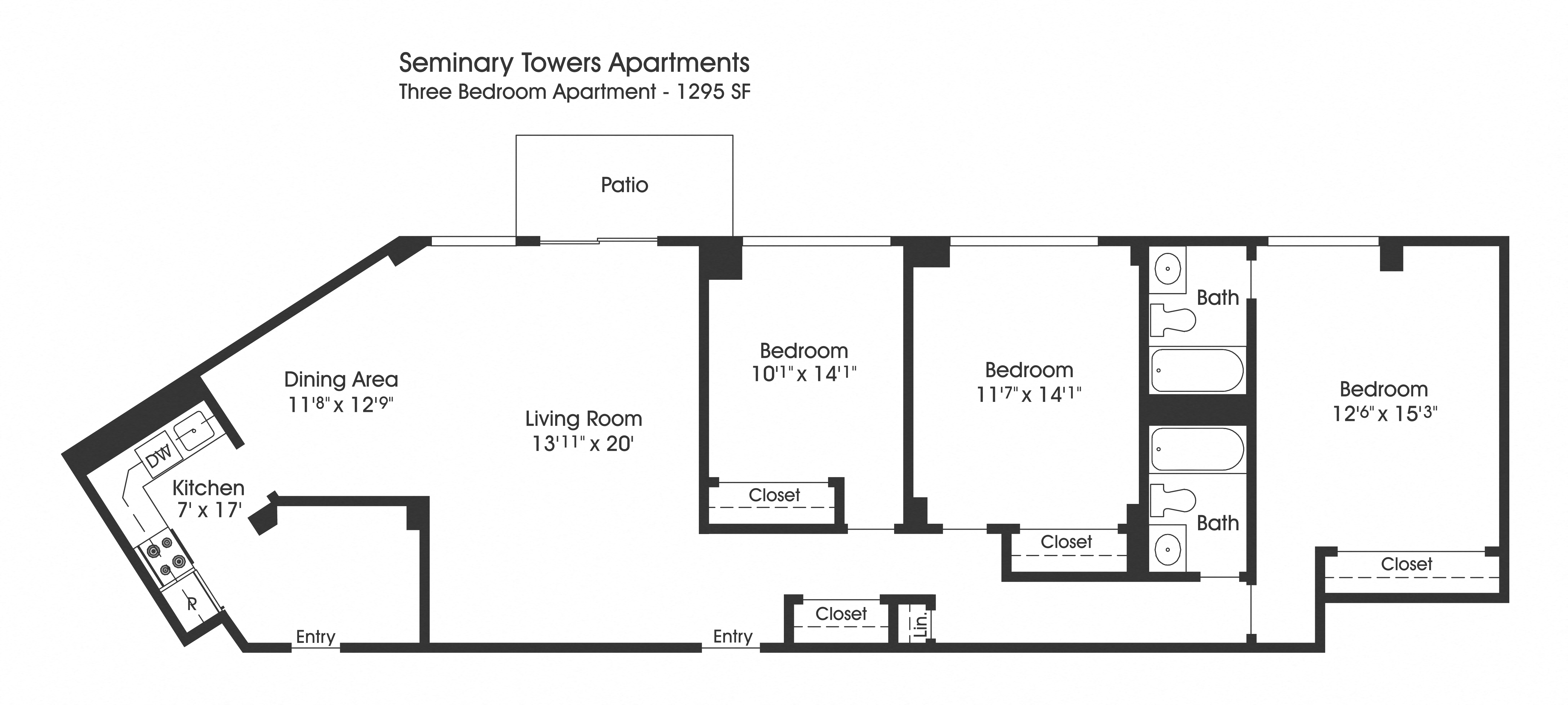 Floor plan for 3 beds, 2 baths, 1295 sqft